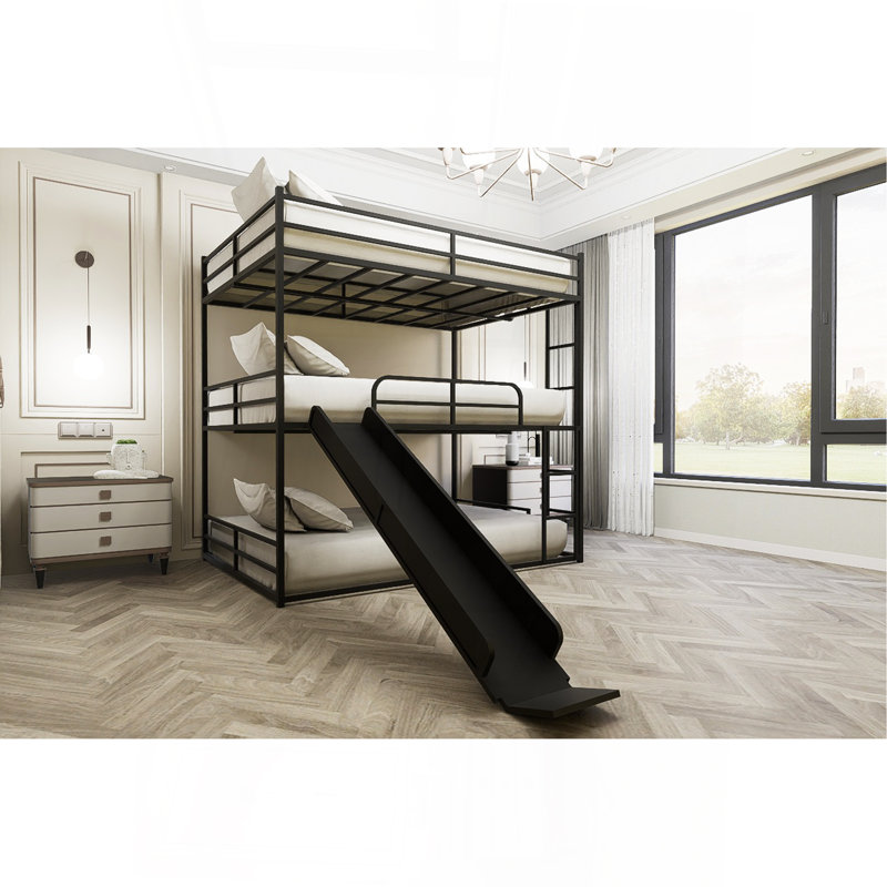 Metal Full Size Loft Bed With Slide And Ladder,  Black