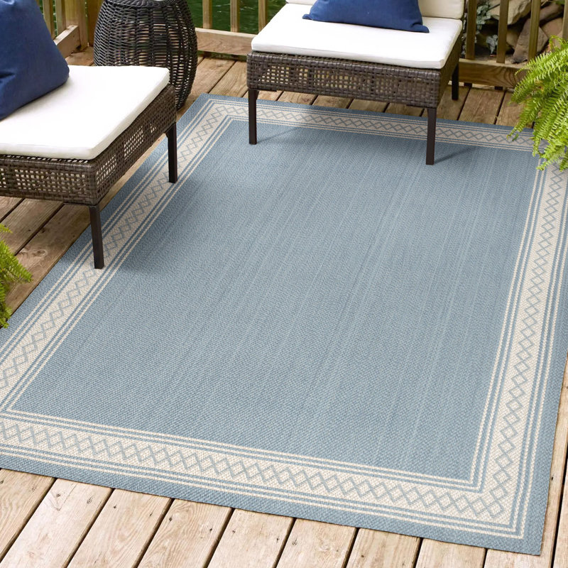 Cisse Classic Diamond Border Blue/Cream Indoor/Outdoor Rug, Rectangle 3'11" x 6'