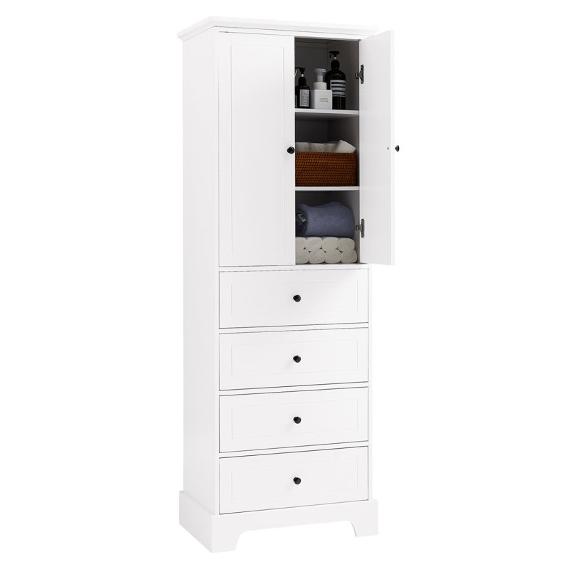 Armoire de rangement avec 2 portes et 4 tiroirs pour la salle de bain ou le bureau, Blanc