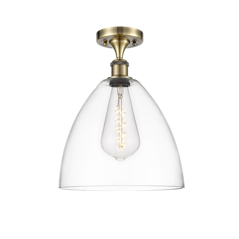 Glass Semi Flush Mount, Antique Brass, 14.75" H x 12" W x 12" D, Clear