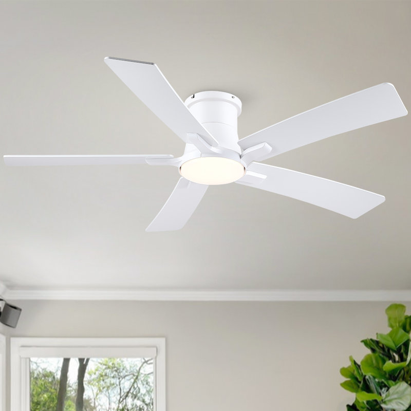 Ventilateur de plafond encastré blanc mat moderne 52 po avec DEL intégrées, télécommande et 5 pales deux tons, Blanc