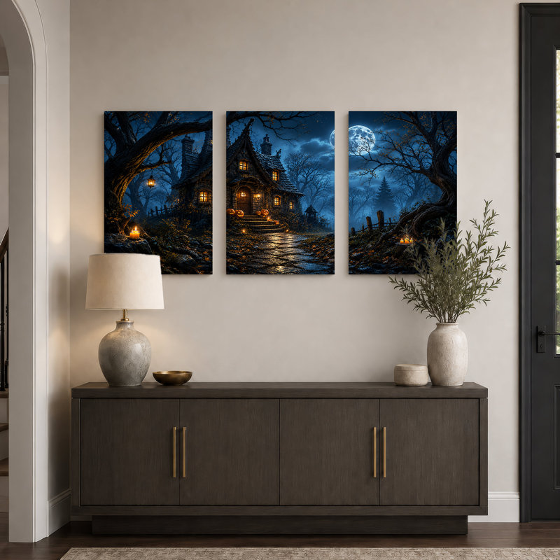 «Haunted House in Moonlit Forest», ensemble de 3 toiles d'Halloween, H 18 po x l 12 po x 3 pièces