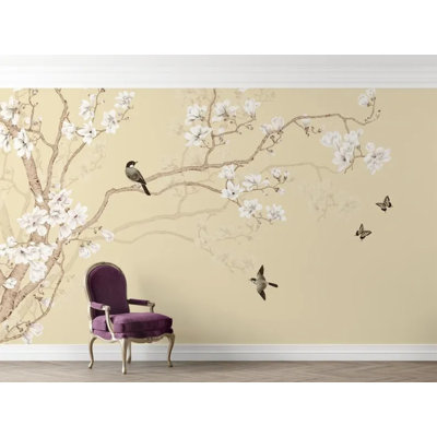 Soft Beige Magnolia Branch Bird Wallpaper Wall Mural