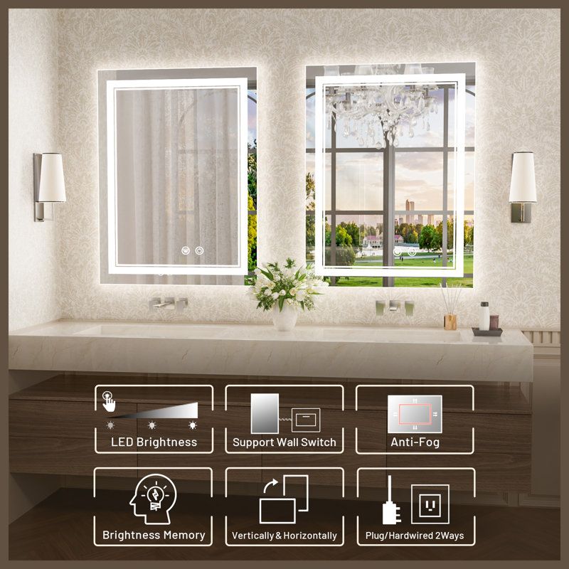 Johnn LED Lighted Bathroom Vanity Mirror 3 Color Dimmable Light & Anti-fog Wall Mirror, 24" x 32"