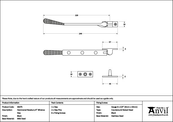 Hammered Newbury Stay, Black, 24.9cm H x 1.6cm W x 0.6cm D