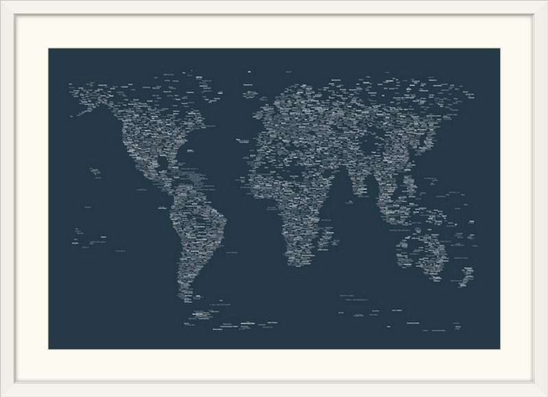Carte des villes du monde par Francy - impression d'art graphique, H 28 po x l 38 po x P 1 po, Cadre blanc