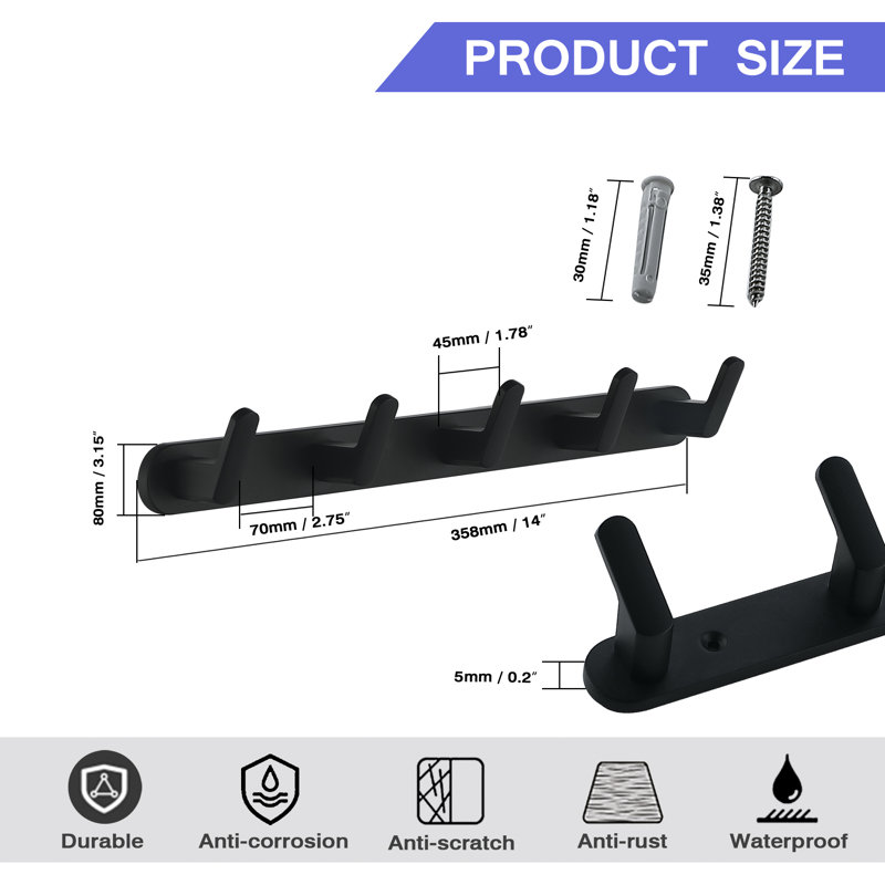 Wall Mounted 5-Hook Rustproof Robe and Towel Hooks, Matte Black, 1