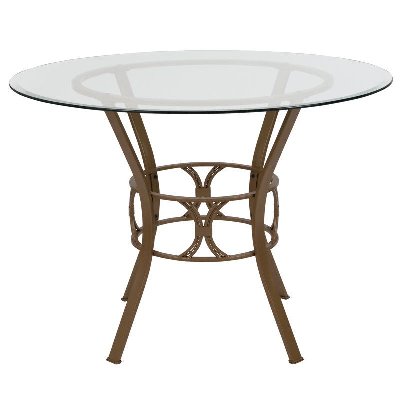 Hardrick 42'' Round Glass Dining Table with Crescent Style Metal Frame, 29.5" H x 45" W x 45" D, Gold
