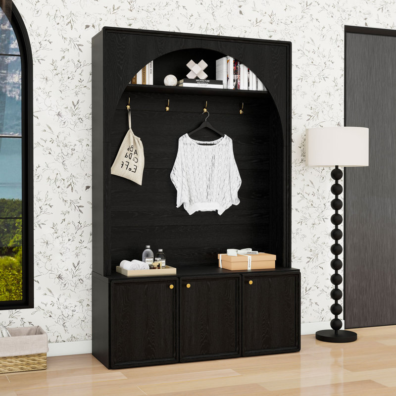 Wooden Hall Tree with Storage Bench, Cabinets, Hooks and Adjustable Shelving, Black