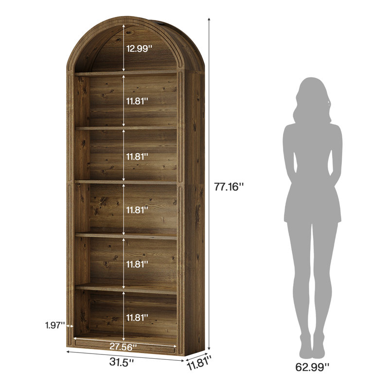Tall Arched Bookcase, Brown, 6 Shelves  (77.16" H x 31.5" W x 11.81" D)