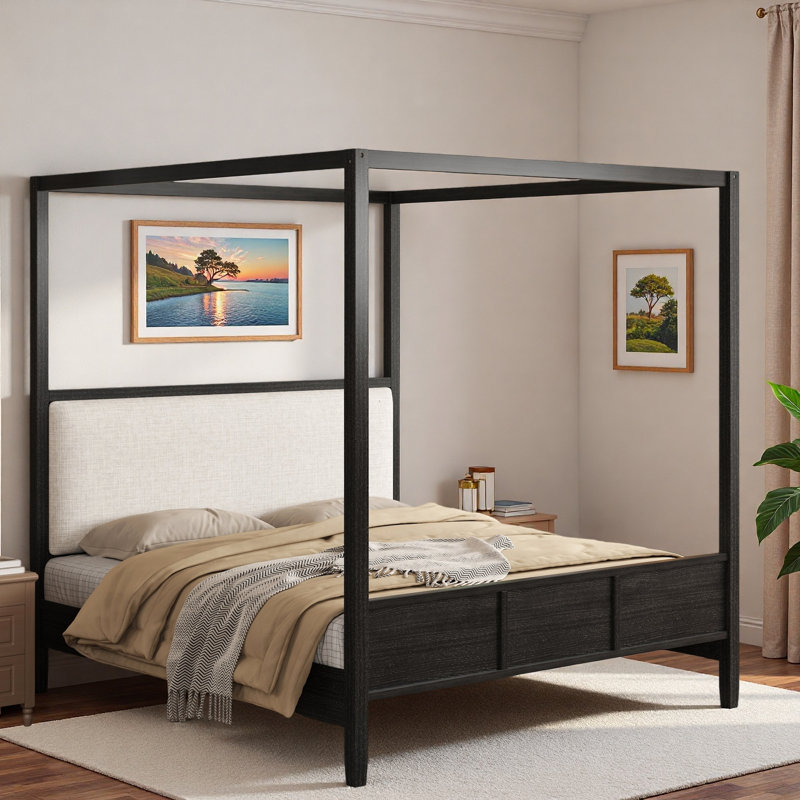 Lit plateforme à baldaquin en bois avec tête de lit tapissier, King, Black
