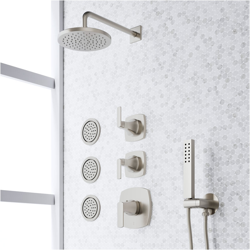 Sefina Thermostatic Shower System with 3 Body Sprays and Hand Shower - Brushed Nickel, Brushed Nickel