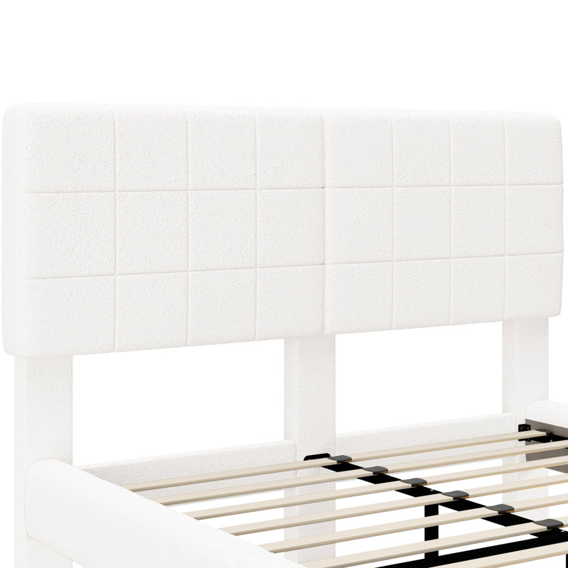 Queen White Boucle Bed With Floating Function And , Soft Material, Unique Atmosphere, - Collision Feature, Effortless Cleaning Multi Tone Lighting Skin Upholstery, Futuristic Style, Protection,