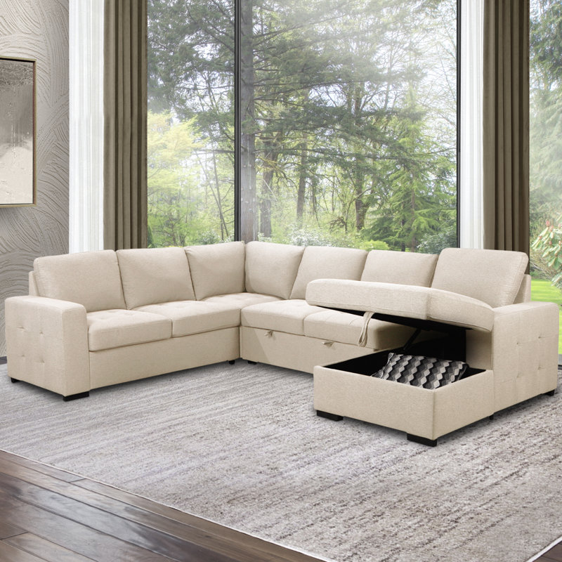 Upholstered U-Shaped Sectional Right Hand Facing, Cream 100% Polyester