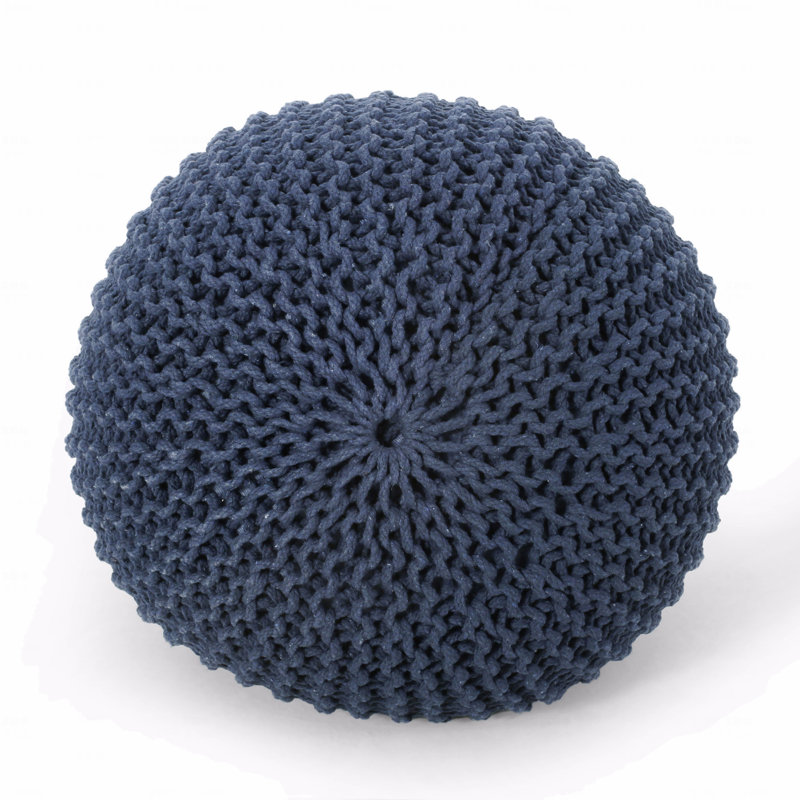 Cotton Upholstered Round Pouf Ottoman, Navy Blue
