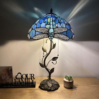 Lampe de table Haydee avec libellules en verre et fer de couleur bleue et ampoules DEL incluses H 24 po x l 14 po