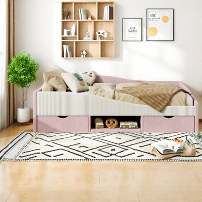 Lit double moderne avec rangement, lit de jour en velours aggloméré rose pour la maison
