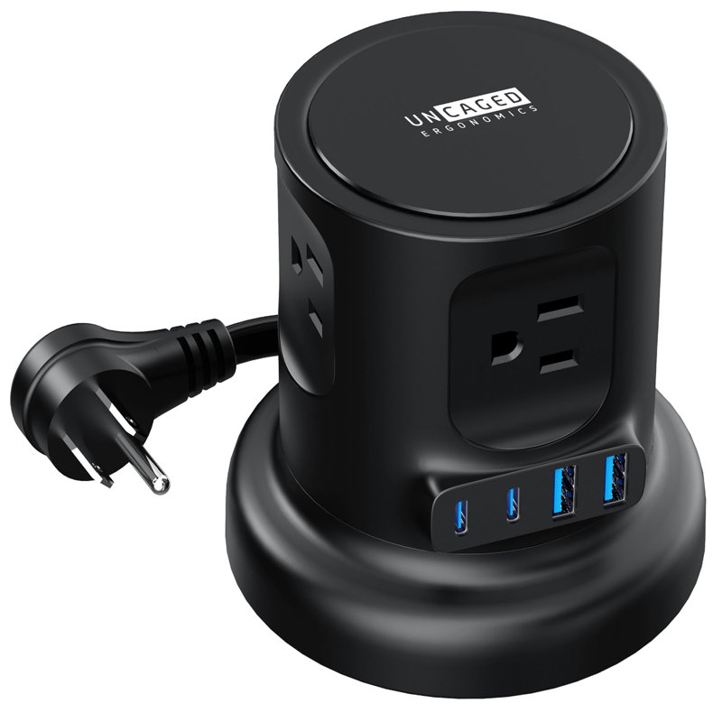 Protecteur de surtension cubique rétractable à 4 prises et 4 ports USB Uncage Cordon et fiche coudée, Noir