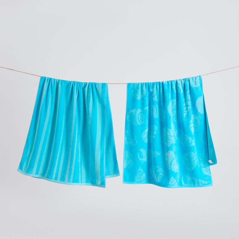 Serviettes de plage 100% jacquard 100% coton, Turquoise / coquille et rayures bleu sarcelle