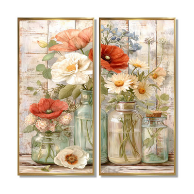 "Vintage Flower Arrangement Country House - Bouquets", art mural encadré, impression sur toile florale rouge 2 pièces