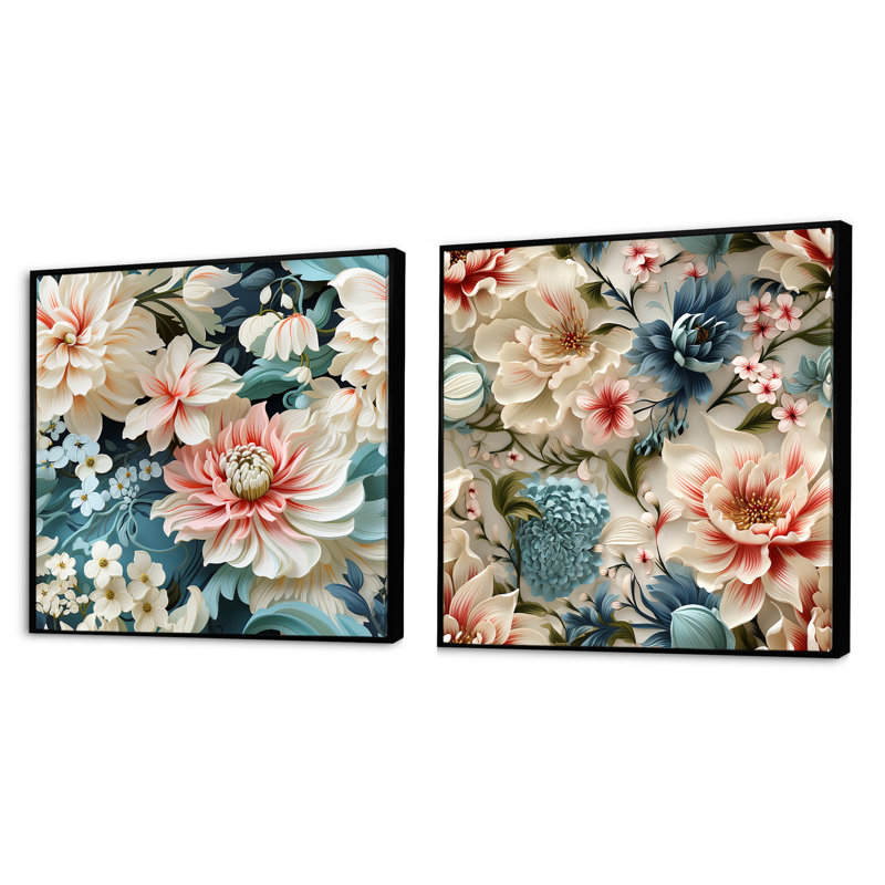 Rose et blanc motif cachemire de jardin - Ensemble de 2 collages carrés botaniques abstraits, Cadre flottant noir