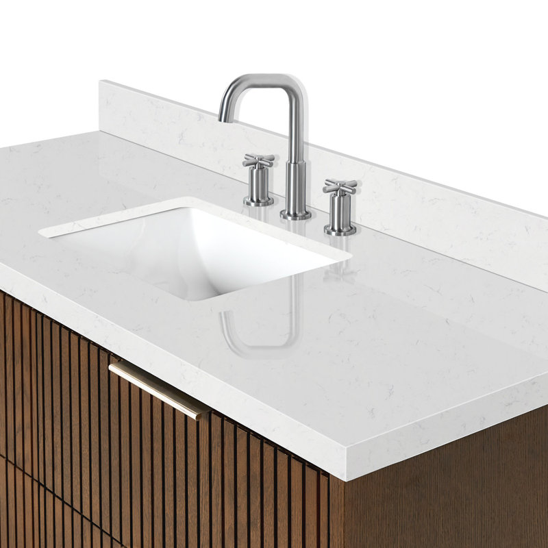 Ensemble de meuble-lavabo mural rectangulaire simple 54 po avec comptoir à quartz blanc Carrara de 1,5 po Mulloy, Chêne brun