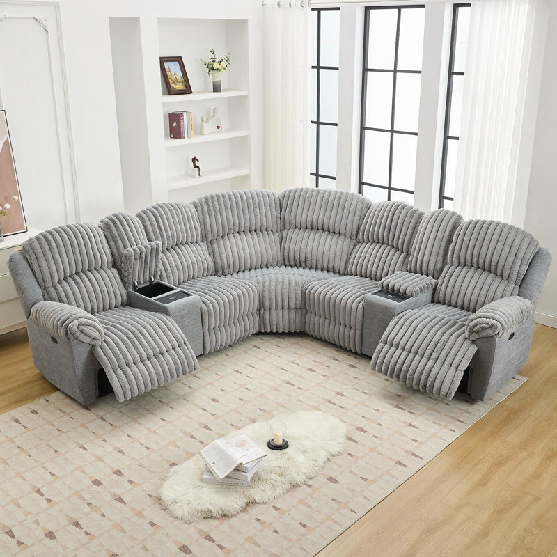 Canapé modulaire inclinable électrique en fausse fourrure 3 pièces avec chargement sans fil USB, Fausse fourrure grise
