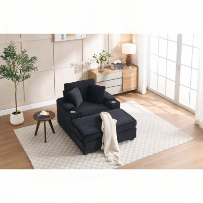 Corduroy Upholstered Chair with Ottoman,Cupholders,Detachable Cushions Deep Seat