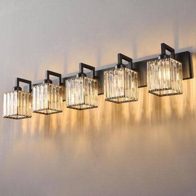 Applique murale pour salle de bain 5 lumières Modern Crystal Modern avec abat-jour en cristal K9, finition noire, compatibilité avec une ampoule E26, installation facile