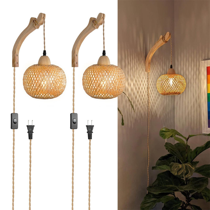 Bamboo and Rattan Plug-In Wall Sconce Set with Wood Holder