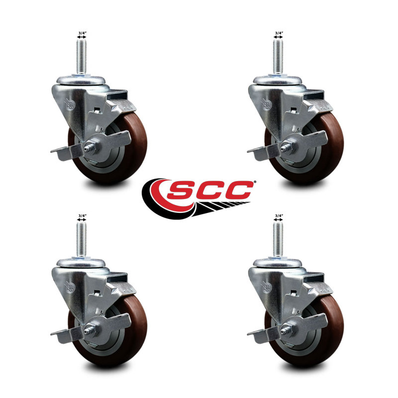 Ensemble de roulettes à tige filetée 3,5 po pivotant 3,5 po 3/4 po avec frein, Marron