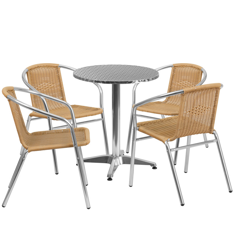 Haverhill 23.5'' Round Aluminum Indoor-Outdoor Table Set with 4 Rattan Chairs, Beige