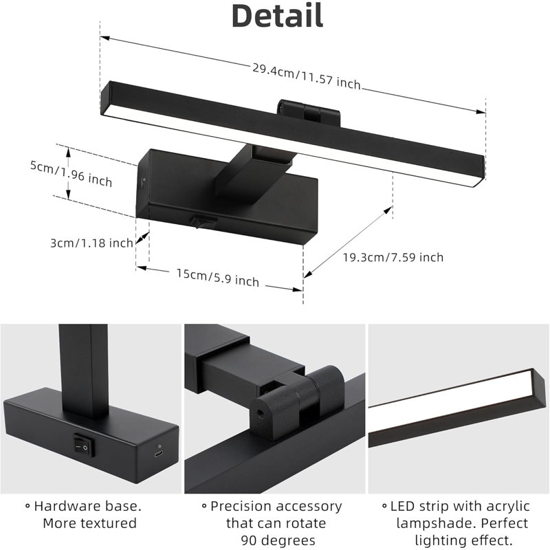 Picture Lights with Remote, Matte Black, 16" H x 7.6" W x 2" D
