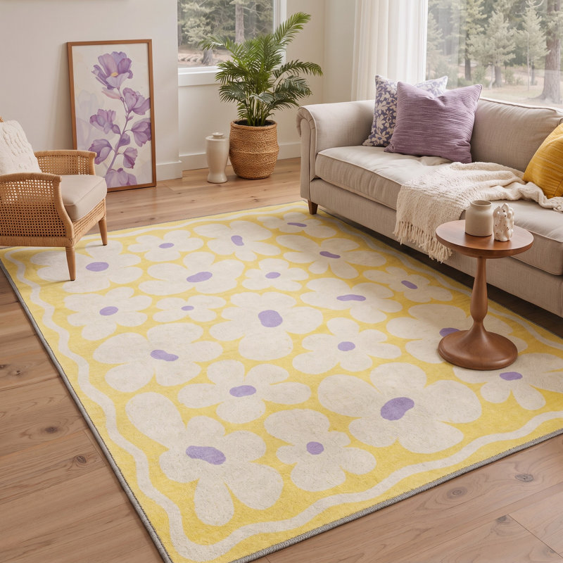 Tapis floral jaune / ivoire lavable à la machine avec envers antidérapant, Rectangle 6 pi x 9 pi