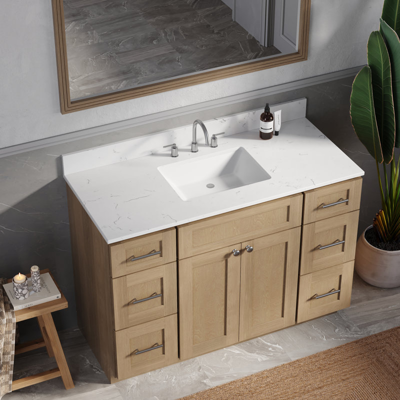 Meuble-lavabo simple 49 po avec comptoir en quartz de Carrare, Chêne naturel
