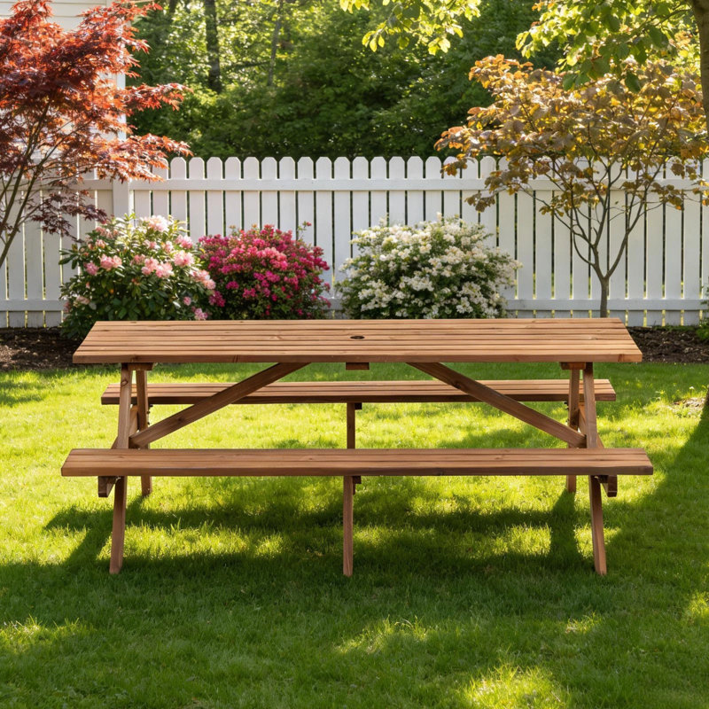 Table de pique-nique d'extérieur en bois massif avec 2 bancs intégrés et une table de camping pour 8 personnes, Brown