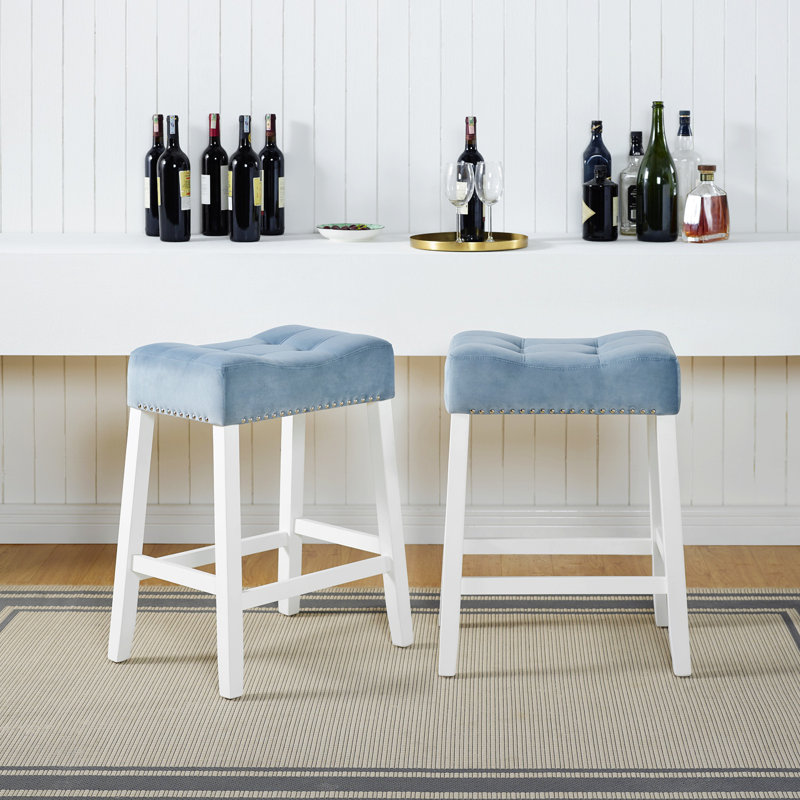 Set Of 2 Counter Height Stools With Tufted Saddle Seats, Blue