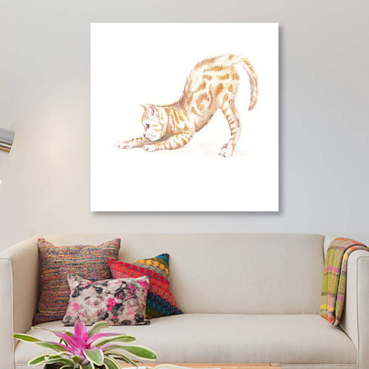 «Stretching Ginger Cat», reproduction sur toile tendue, H 12 po x l 12 po x P 1,5 po, Pas de tapis, Toile tendue