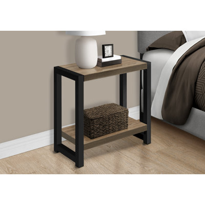 Table d'appoint, côté, bout, étroit, petit, 2 niveaux, salon, chambre à coucher, stratifié brun, métal noir, contemporain, moderne