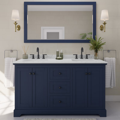 Meuble-lavabo double autoportant 60 po avec plateau en quartz et miroir Avery