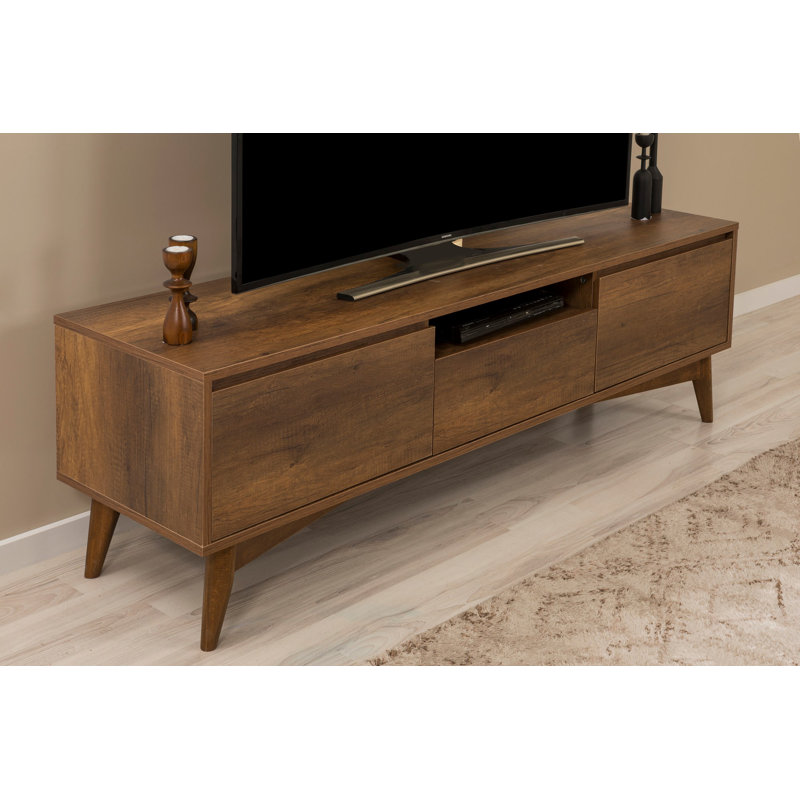 Meuble télé moderne en noyer de 66,9 po x 20,9 po x 17,7 po | 100% panneau de particules enduit de mélamine, épaisseur: 0,7 pouce | Conception robuste avec pieds d'une hauteur de 7,9 pouces | Finition brune élégante pour les salons contemporains