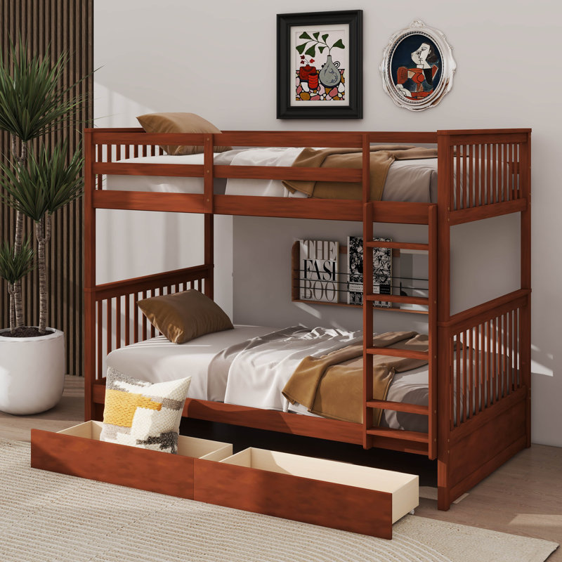Bunk Beds With 2 Storage Drawers, Solid Wood Bunk Bed With Ladder And Safety Guardrail, Convertible Bunk Beds, Walnut