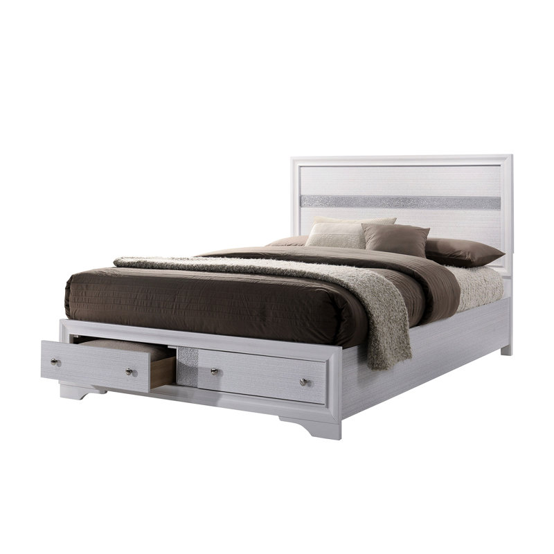 Lit moderne très grand avec tête de lit à panneau blanc et tiroir de rangement pour tiroir de chambre à coucher transitionnel