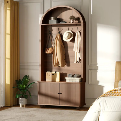71" hall trees with arched top and metal hooks, coat rack with shoe storage bench, sliding tambour door and adjustable shelf for entryways and bedrooms.