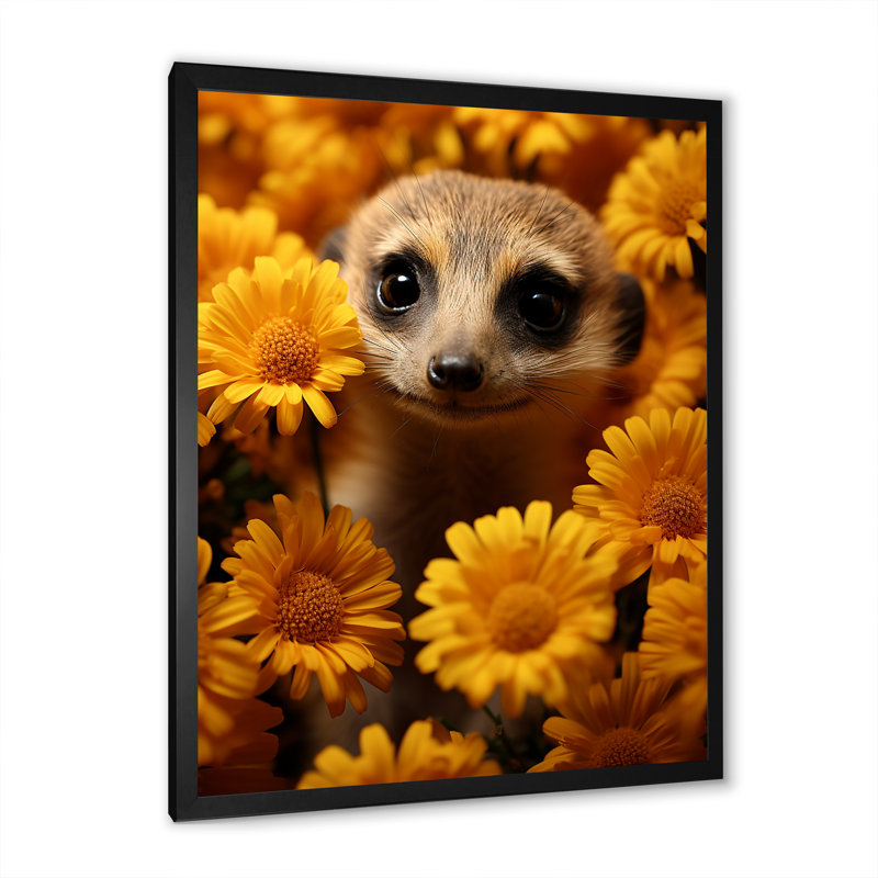 Art floral jaune suricate - Suricate, H 20 po x l 12 po x P 1 po, Cadre simple noir