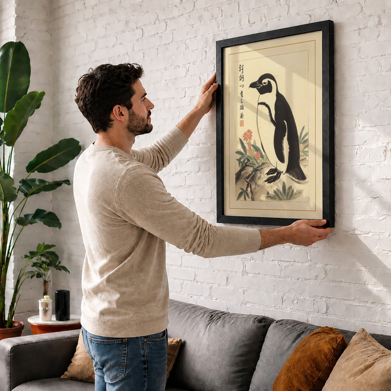 Penguin with Blossoms Japandi - Framed Print, A4 - 29.7 x 21.0 cm, Walnut
