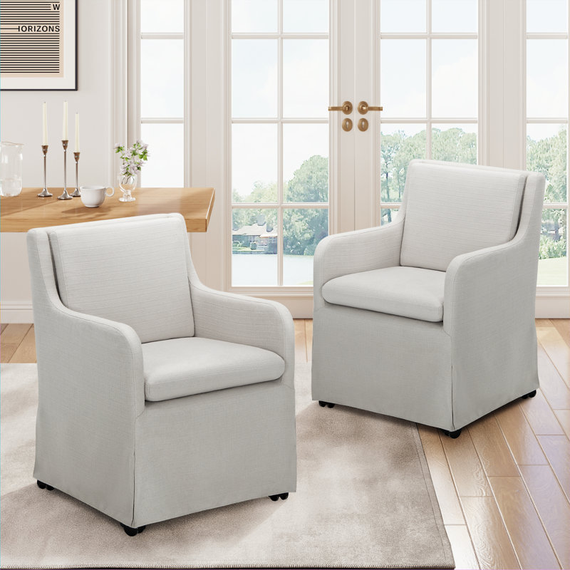 19" Wide Modern Upholstered Removable Cushions Dining Armchair with Casters, Gray