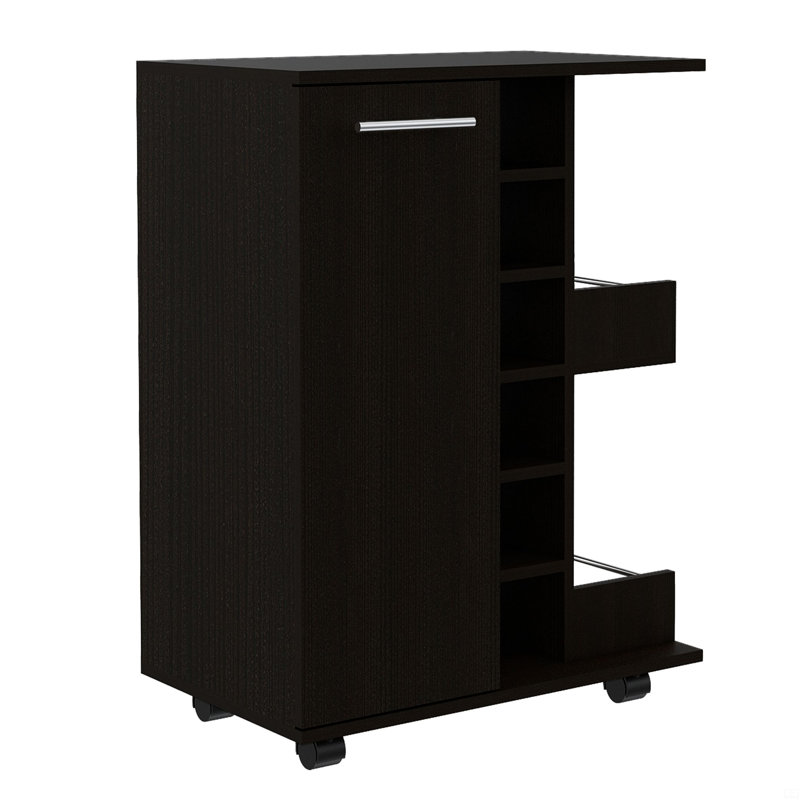 32" H Bar-Coffee Cart, Cabinet Storage, With 4 Wheels, 1 Divided Storage With 1 Shelf, 1 Folding Door, A Central Vertical Division For 6 Bottles And 2 Side Shelves With Aluminum Front