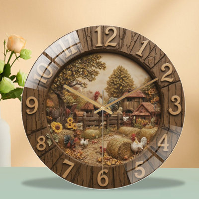Clock With Farm Scene And Rooster Art - 12'' Modern Glass Wall Clock