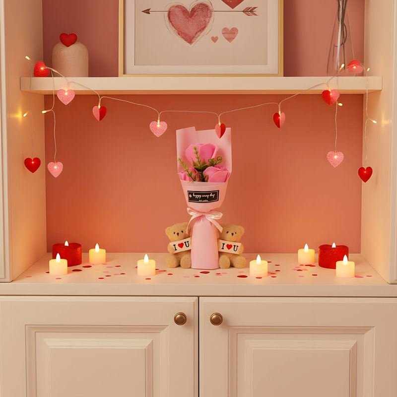 Bouquet de fleurs de savon artificiel rose à 3 têtes, pétales de trempage, cadeau de bouquet de la Saint-Valentin, sac de cadeau inclus.